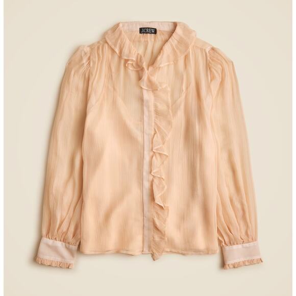J.Crew Ruffle Button Up Shirt Crinkle Chiffon Sheer Boho Pale Pine Tan US 6 NWT - Picture 1 of 10